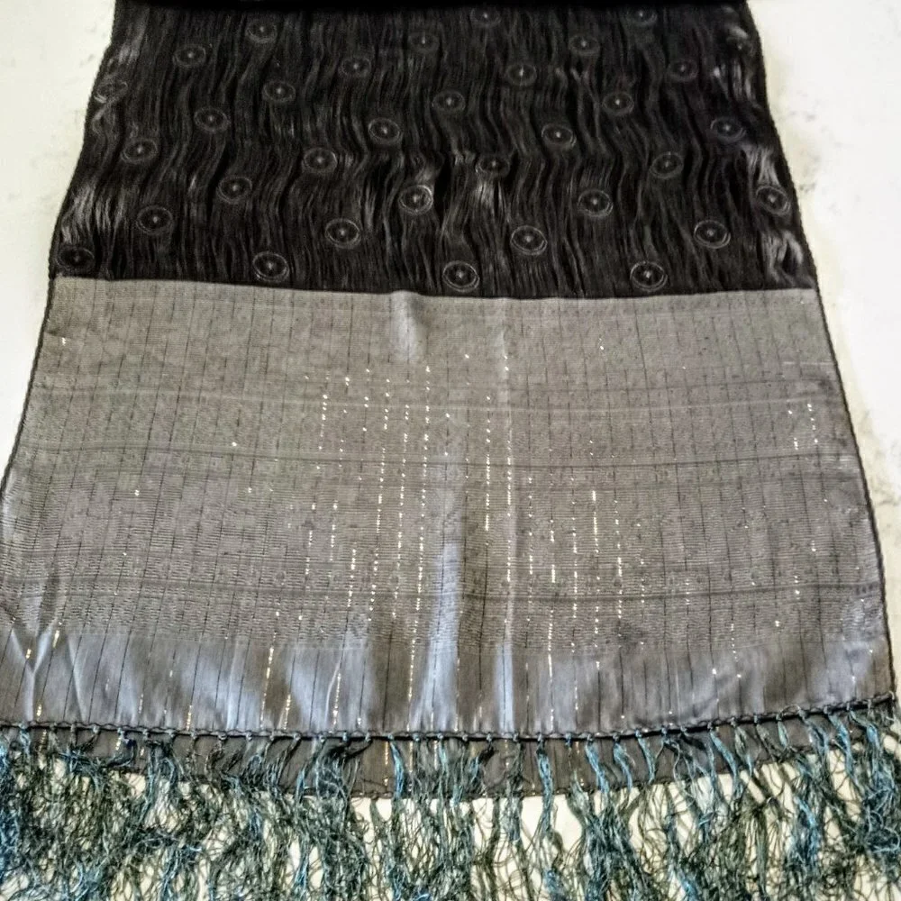 Black & Grey Oblong Fringed Metallic Scarf/Wrap